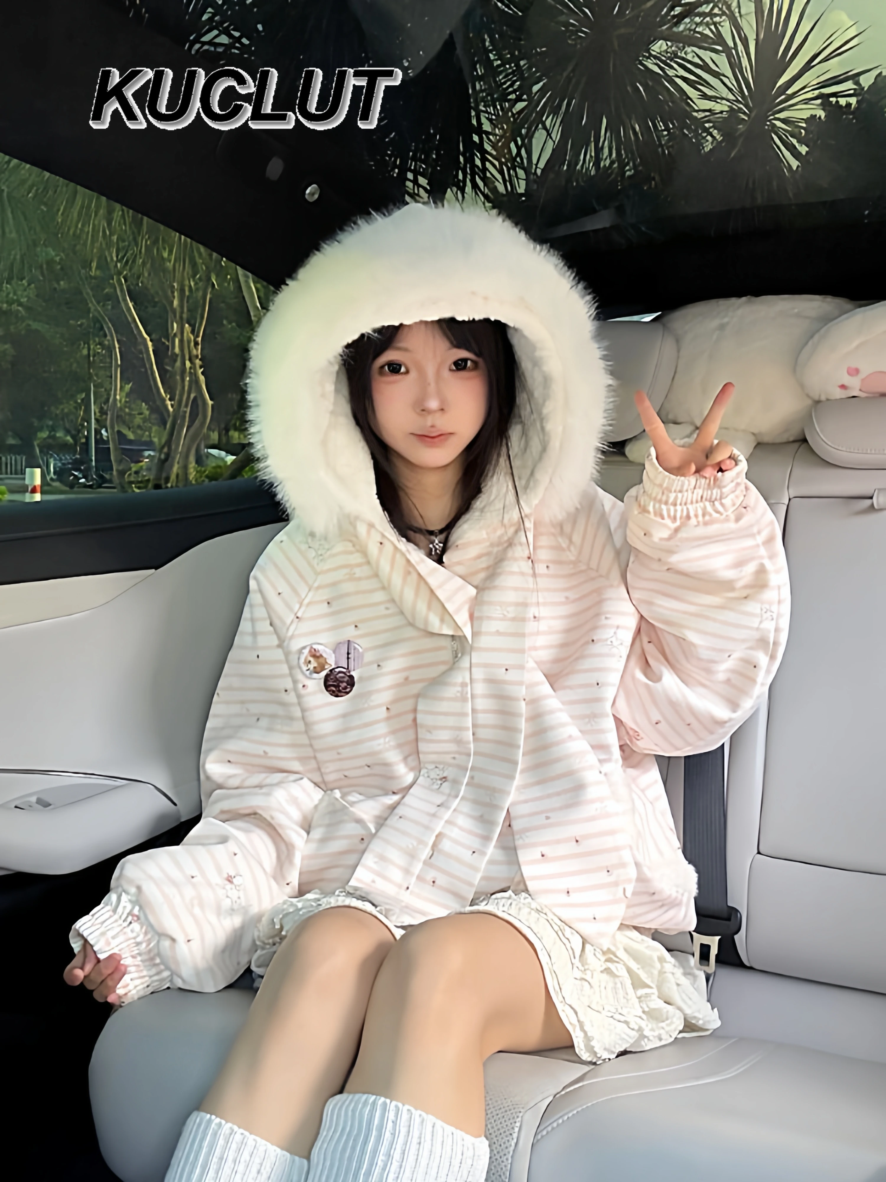 

Sweet College Style Hooded Striped Fur Collar Short Coats for Women Winter Quilted Thickened Warm Design Loose Cotton Jacket