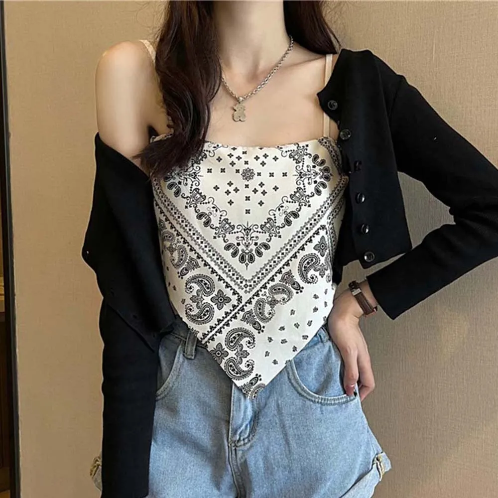 Women Satin Tie Back Knot Spaghetti Bandana Tube Crop Top Sleeveless Blouse Korean Fashion Letter Print  Summer Beach Tank Top