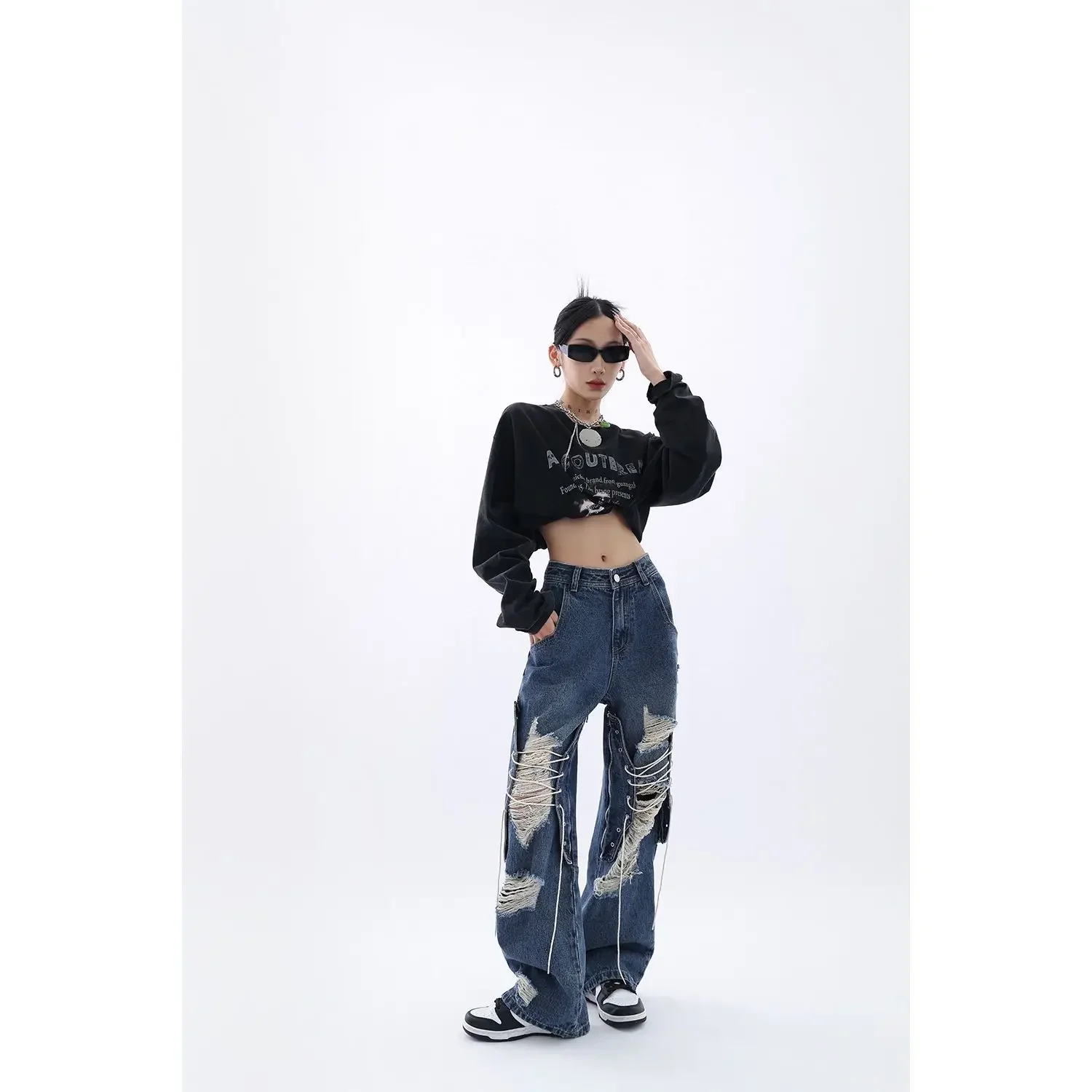 Pantalones vaqueros rasgados Y2k de diseño azul para Mujer, Pantalones ajustados rectos de cintura alta, estilo hip hop, otoño