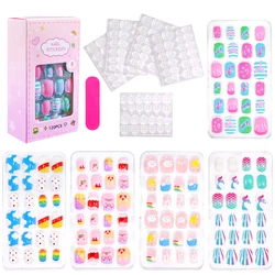 120/24Pcs Child Kids False Nails Girls Gift Cartoon Press on Fake Nails Colorful Festival Full Cover Cute Short Nail Tips Kits