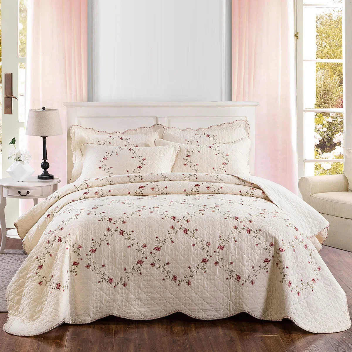 CHAUSUB 3pcs King Size Embroidered Cotton Quilt Set Bedspread Bed Cover Quilted Comforter Blanket Coverlet for Bed