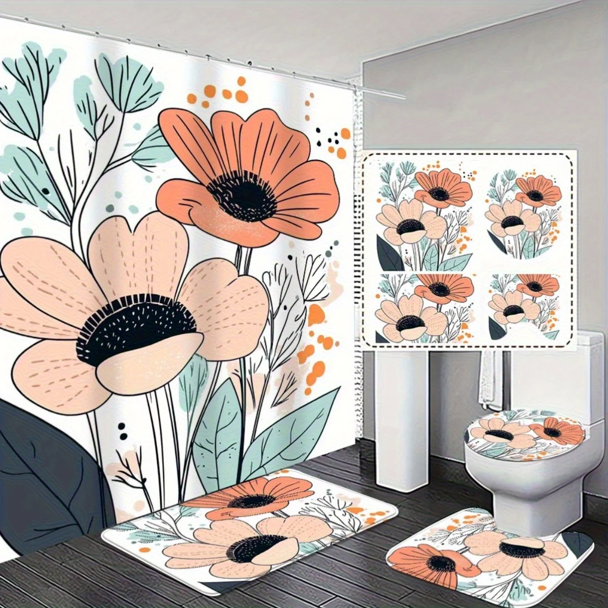 

4pcs Colorful Floral Shower Curtain and Non-Slip Bath Mat Set for Bathroom Decor Exquisite and Practical Home Decoration