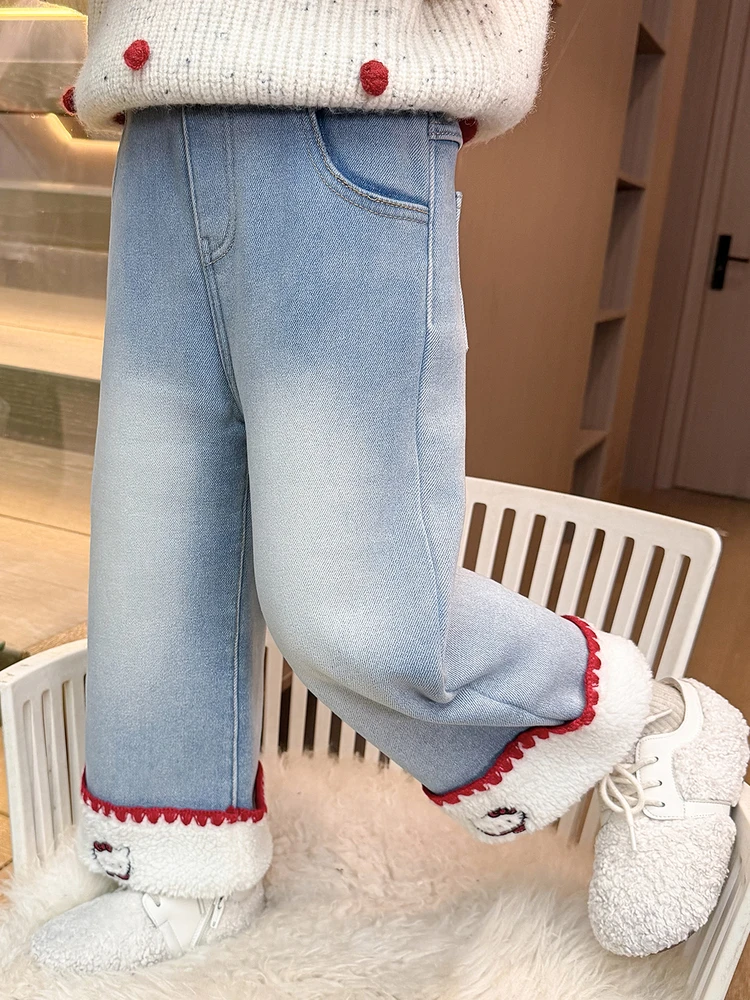 Trendy meisjes winterjeans asymmetrische hoge taille lange broek Fce gevoerde warme oorverzwakte casual broek met rechte pijpen