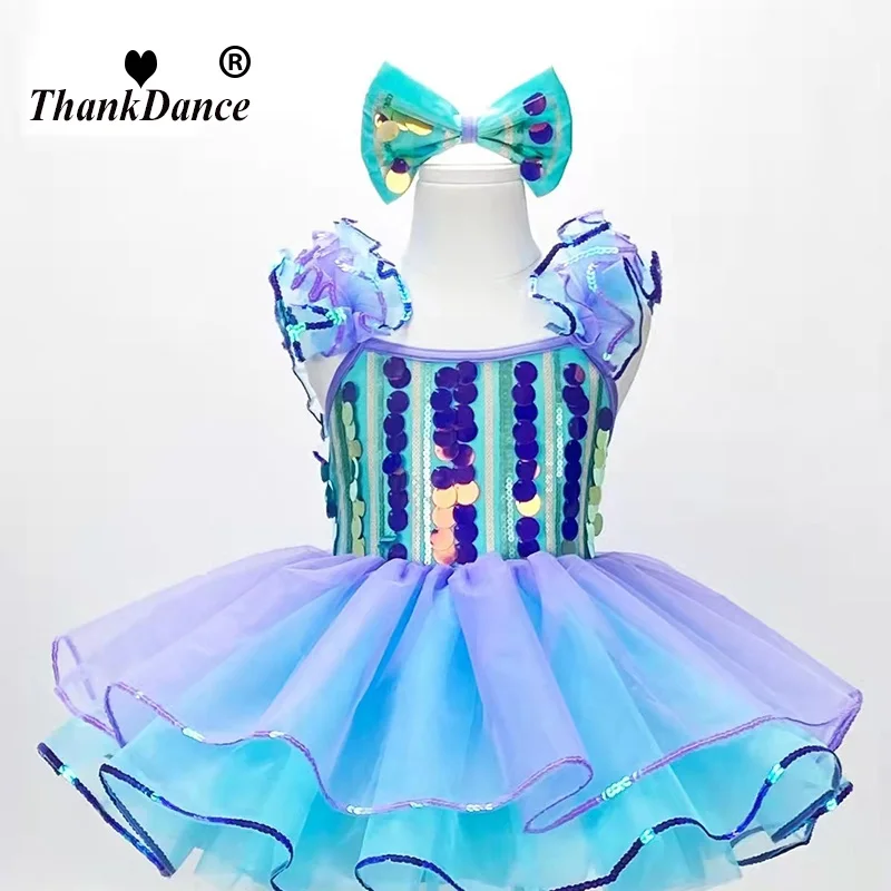 

Новая синяя бальная одежда с блестками, современная танцевальная одежда, платье-пачка для девочек, вечерние платья для джазовых танцев, детские платья