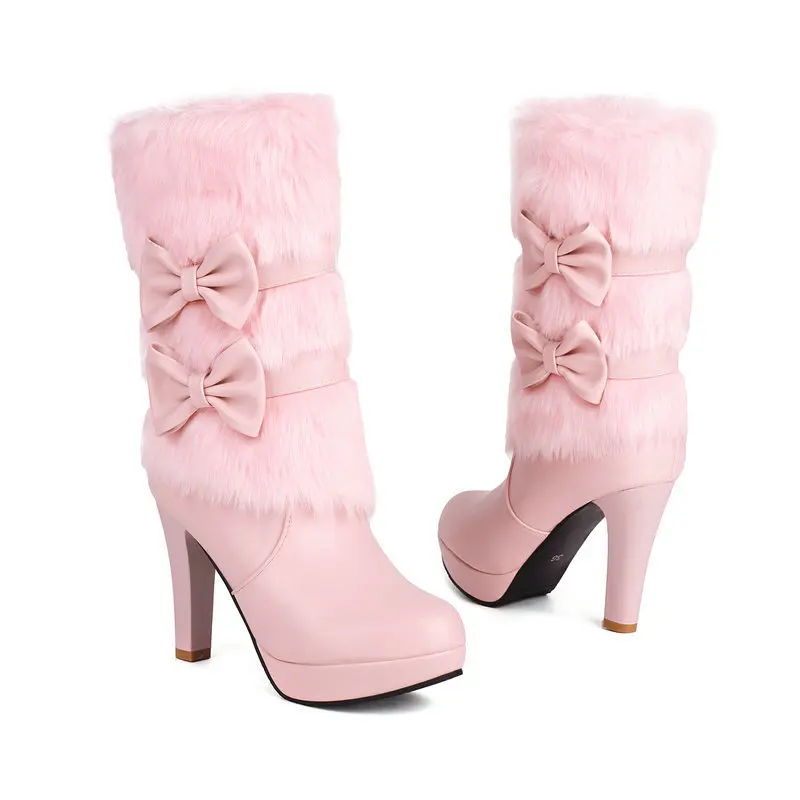 Double Bow Women Mid Calf Boots Pink Fashion High Heel Fluffy Boots Warm Cotton Shoes Plus Size Winter Autumn Women Boots