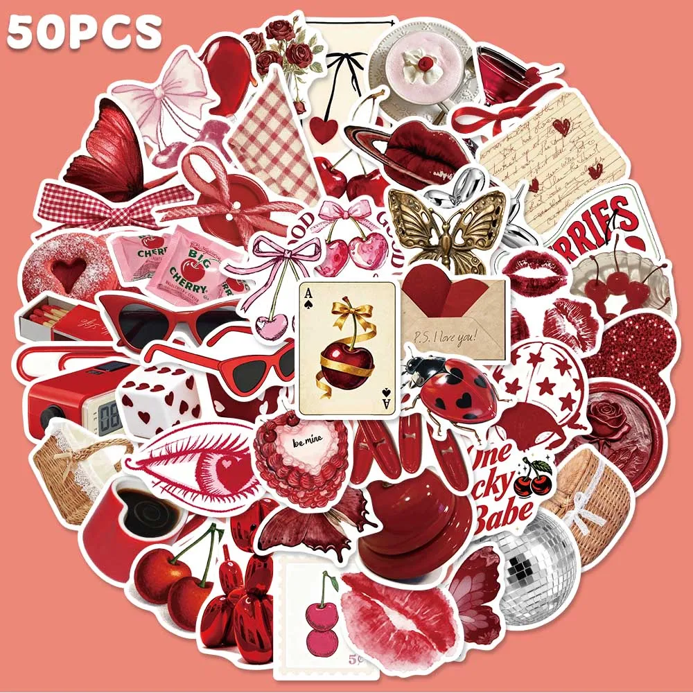 50pcs Cherry Coloured Graffiti Sticker Fashion Cool Decal For Phone Luggage iPad Scrapbook Guitar DIY Decoration Sticker