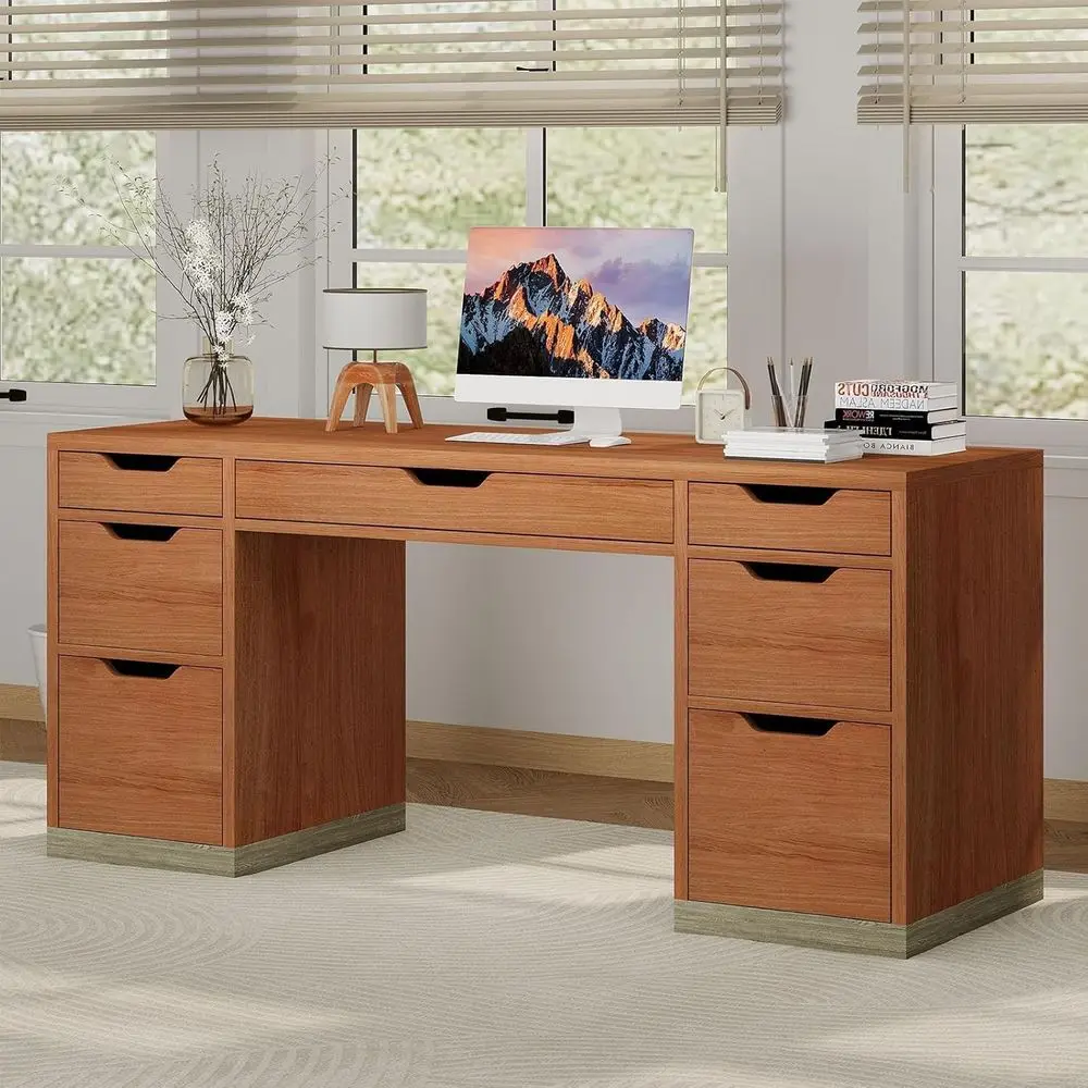

54 Executive Computer Desk with Storage Drawers for Home Office or Bedroom, Suitable for Small Spaces, Brown