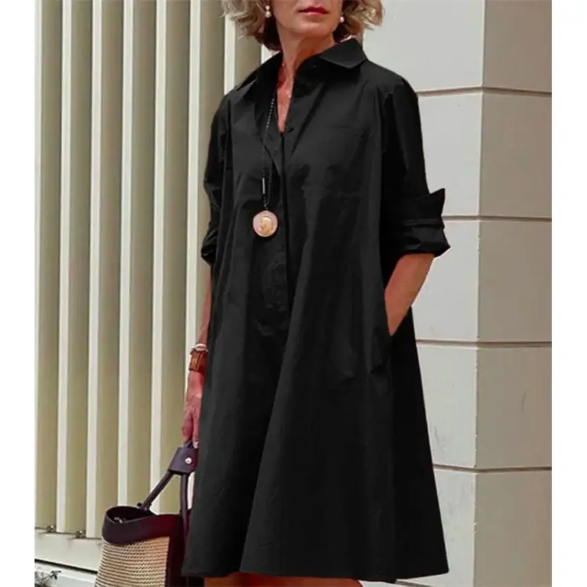 Vestido Csa F de Manga Longa Casual Ajuste Solto em Tecido Modal Moda Fena para a Primavera Espura Regular