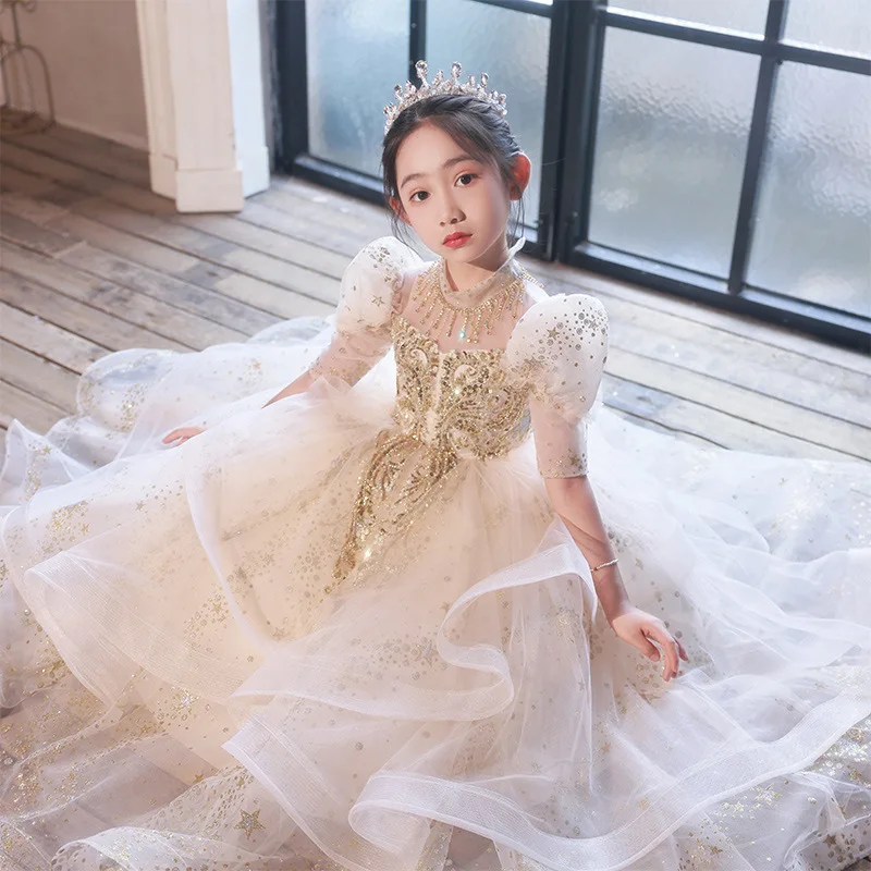 Gorgeous Flower Girls golden sequin Retro court Princess Dress kids Birthday Party Pageant Ball Long gown Wedding dresses