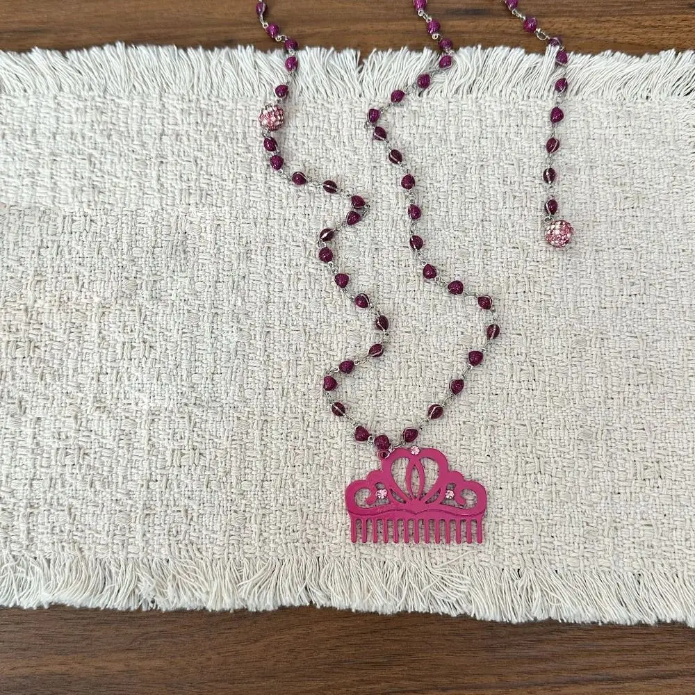 Rhinestone Decor Crown Pendant Necklace Acetate Material Long Chain Rhinestone Necklace Shiny Finish Pendant Design