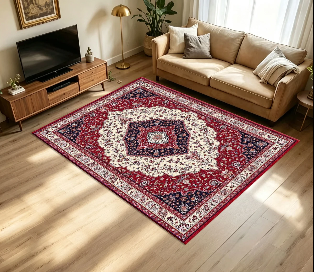 Classic Red Cream Oriental Medallion Carpet Flooring Vintage Persian Floral Border Printed Floor Rug for Household Living Space Home Interior Decor