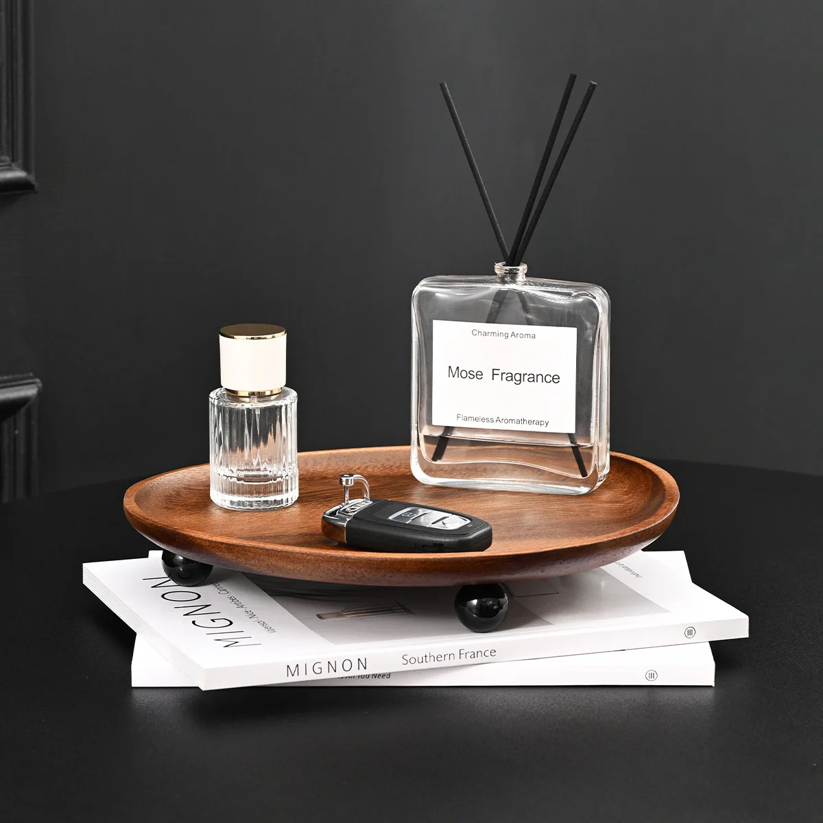 Entrance Wooden Key Tray Walnut Color Water Cup Storage Plate Jewelry Cosmetics Perfume Aromatherapy Shelf