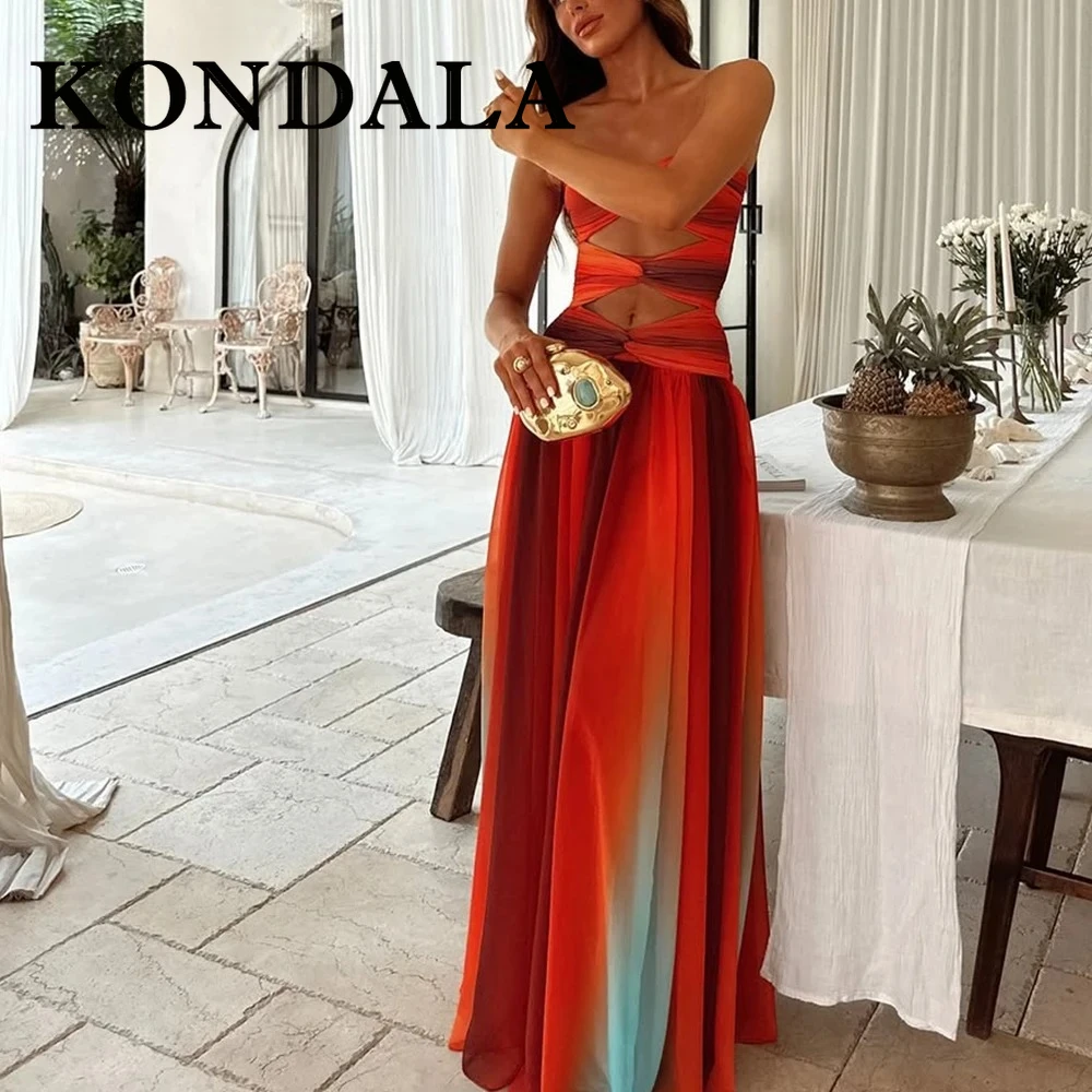 KONDALA Fashion 2025 Damskie Sukienki Wzorzyste na Wakacje Wiosenne Bez Ramiączek z Wycięciami Dopasowane Długie Sukienki na Zamek Błyskawiczny Seksowne Sukienki Damskie z Efektem Drapowania Eleganckie