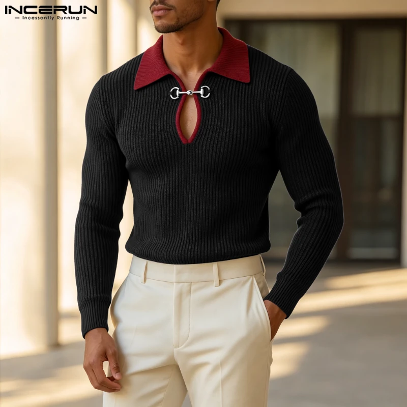 INCERUN Men's Pullovers Patchwork Lapel Long Sleeve Knitted Sweaters For Man Streetwear 2026 Fashion Casual Men Clothes Autumn
