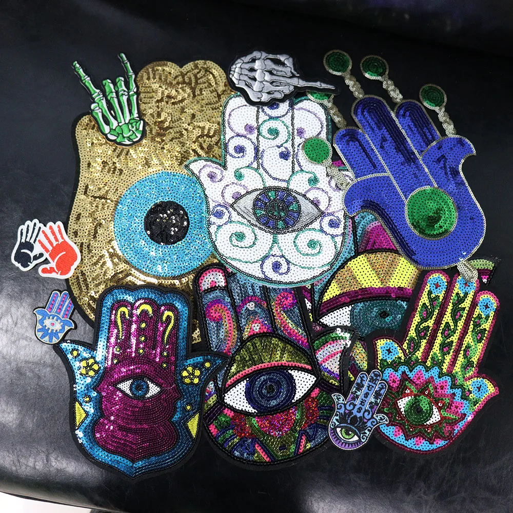 New 1Pcs Sequins Hand Eyes Embroidery Patches for T-shirt Iron on Stripes Appliques Clothes Stickers Clothing Badges