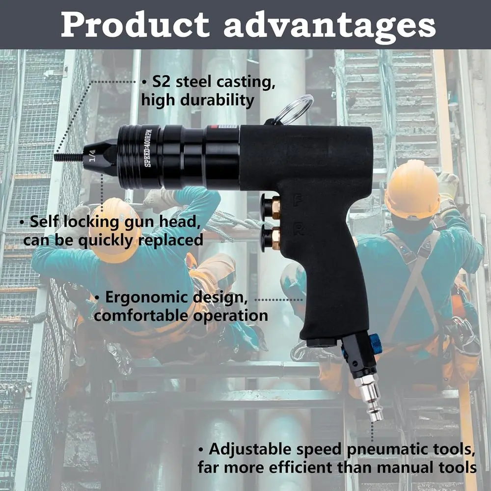 Pneumatic Rivet Gun Kit with 1/4, 5/16, 3/8 Mandrels, Includes 1/4 & 3/8 Air Inlet Fittings