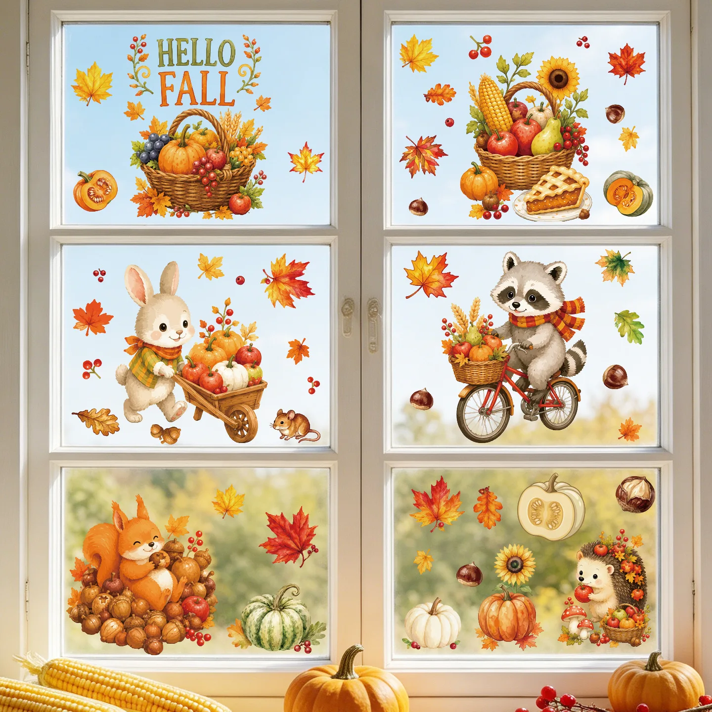 6 Sheets Autumn Window Stickers Featuring Cute Rabbits,Raccoons & Squirrels,Glass Decorations for the Thanksgiving Harvest Theme