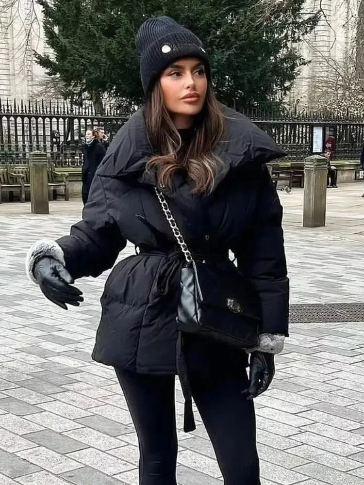 

Warm Loose Pocket Short Coats Lady New Winter Commute Street Outwears Solid Lapel Lace Up Cotton Coat Women Fashion Long Sleeve