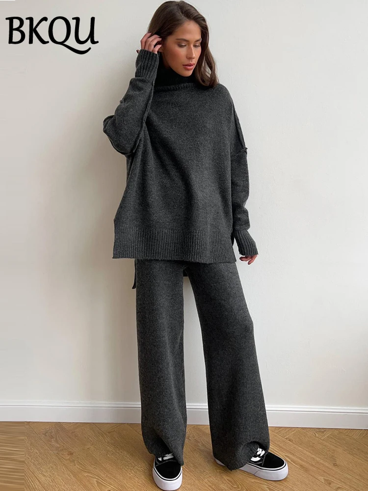 BKQU Knitted 2 Piece Sets Women Turtleneck Sweater and Wide Leg Pants Outfits Autumn Winter Casual Office Ladies Homewear 2024