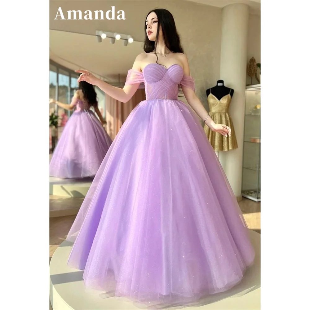 

Amanda Glitter Purple فساتين السهرة Sweet Off Shoulder Prom Dress Ball Gown Vestidos De Noche Shiny Corset فساتين مناسبة رسمية