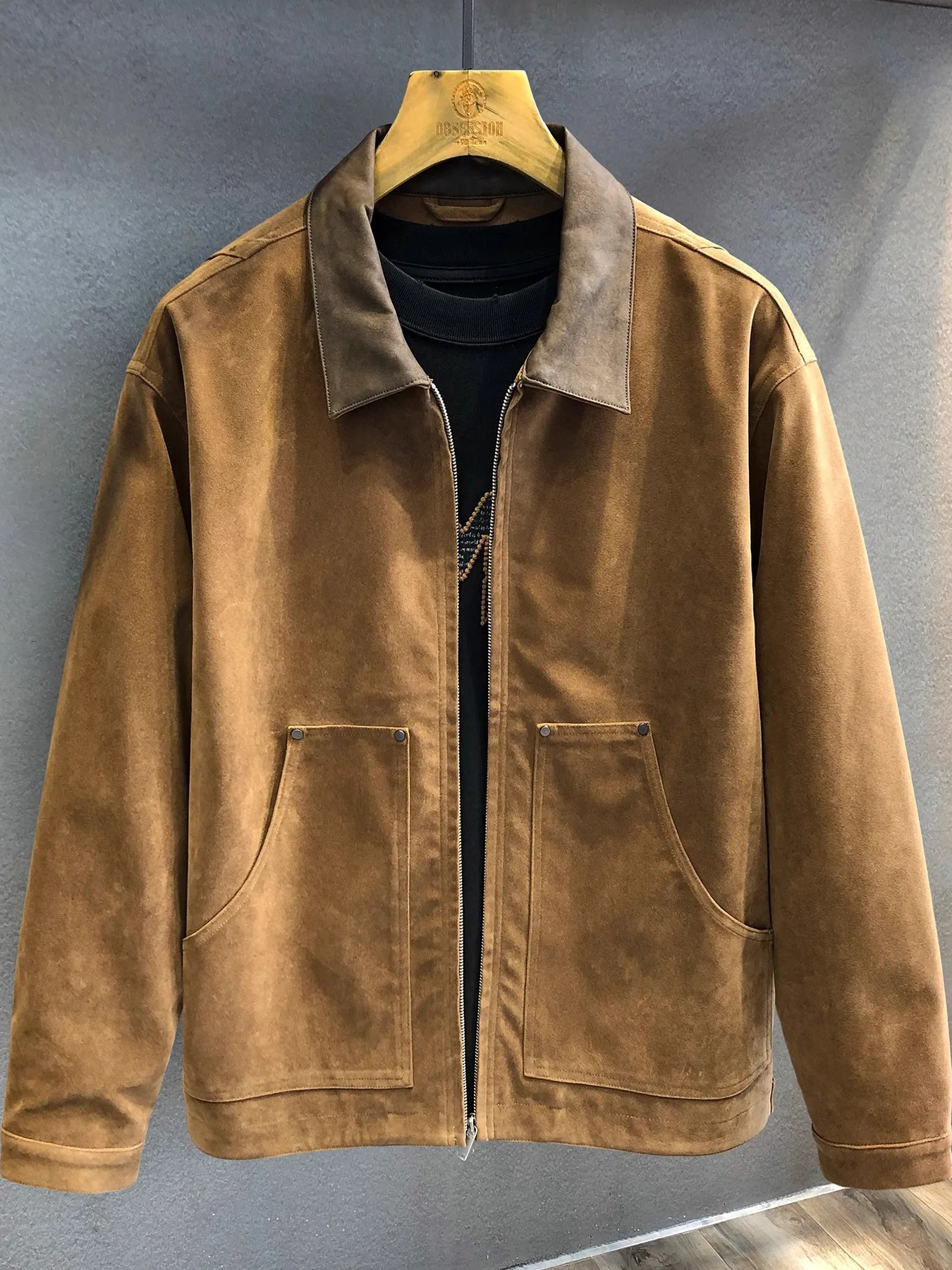 

High-End Vintage American Sle Motorcycle Jaet Men's Autumn Winter New Faion Flip-Collar Leather Coat Warm Commute