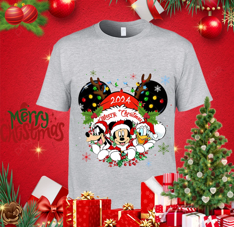 Mickey Christmas 2024 Print Men\'s T-shirt Casual Top Cotton Short Sleeve