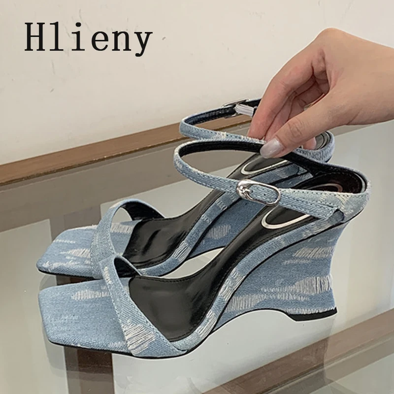 Hlieny Summer Fashion Blue Denim Wedges Slippers Women Square Toe High Heels Sandals Female Party Prom Dress Shoes Zapatos Mujer - view 3