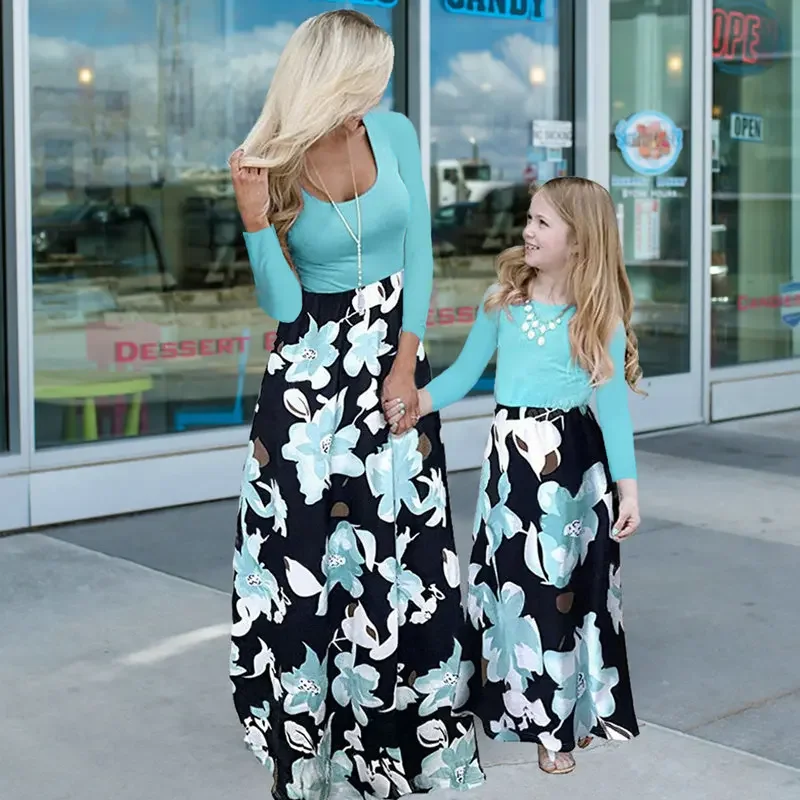 Mom Daughter Family Outfits Matching Mother Kids Dress Twining Mother Daughter Equal Patchwork Dress Same Clothes Baby Girl