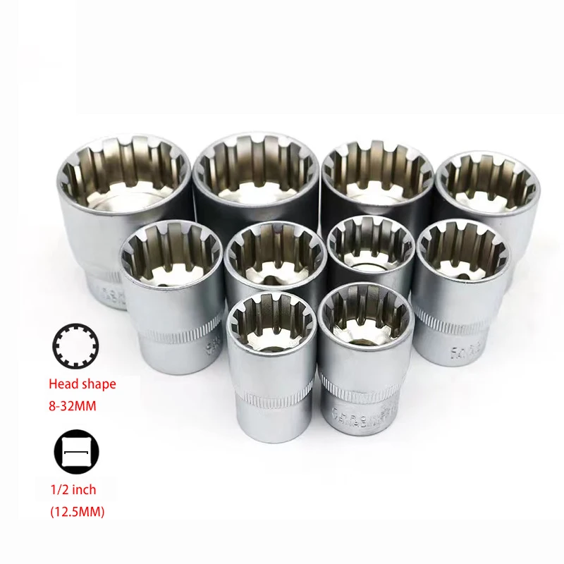 19Pcs 12 Point Torx Socket Wrench Set Lock Socket Crv Hex Torx Splined Bit Socket Set Hex Socket Repair Tool Kit M8-M32