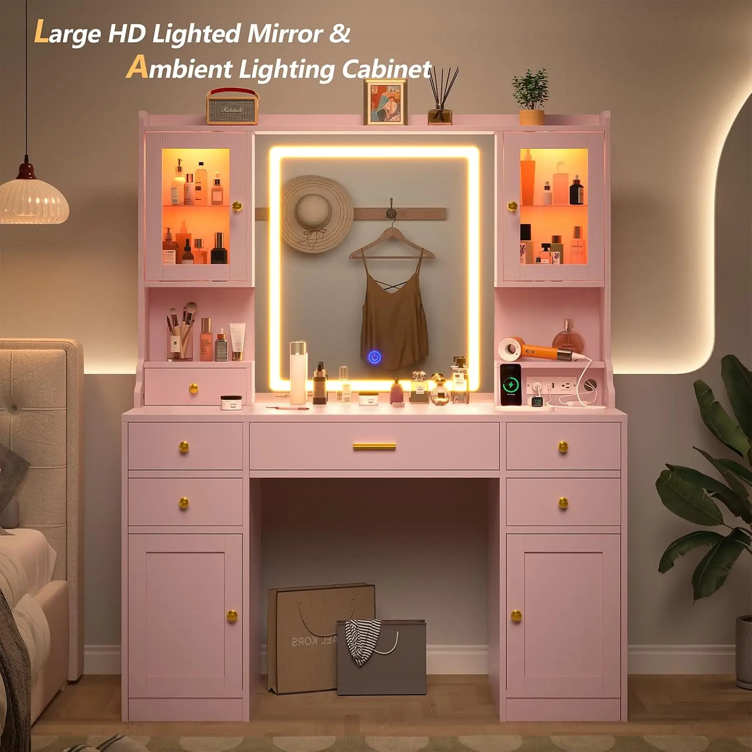 Vanity Desk with LED Lighted Mirror, 41.3