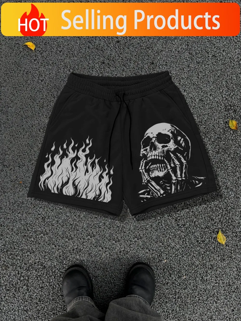 European and American men's summer flame skull print comfortable and breathable drawstring shorts for outdoor leisure vacation