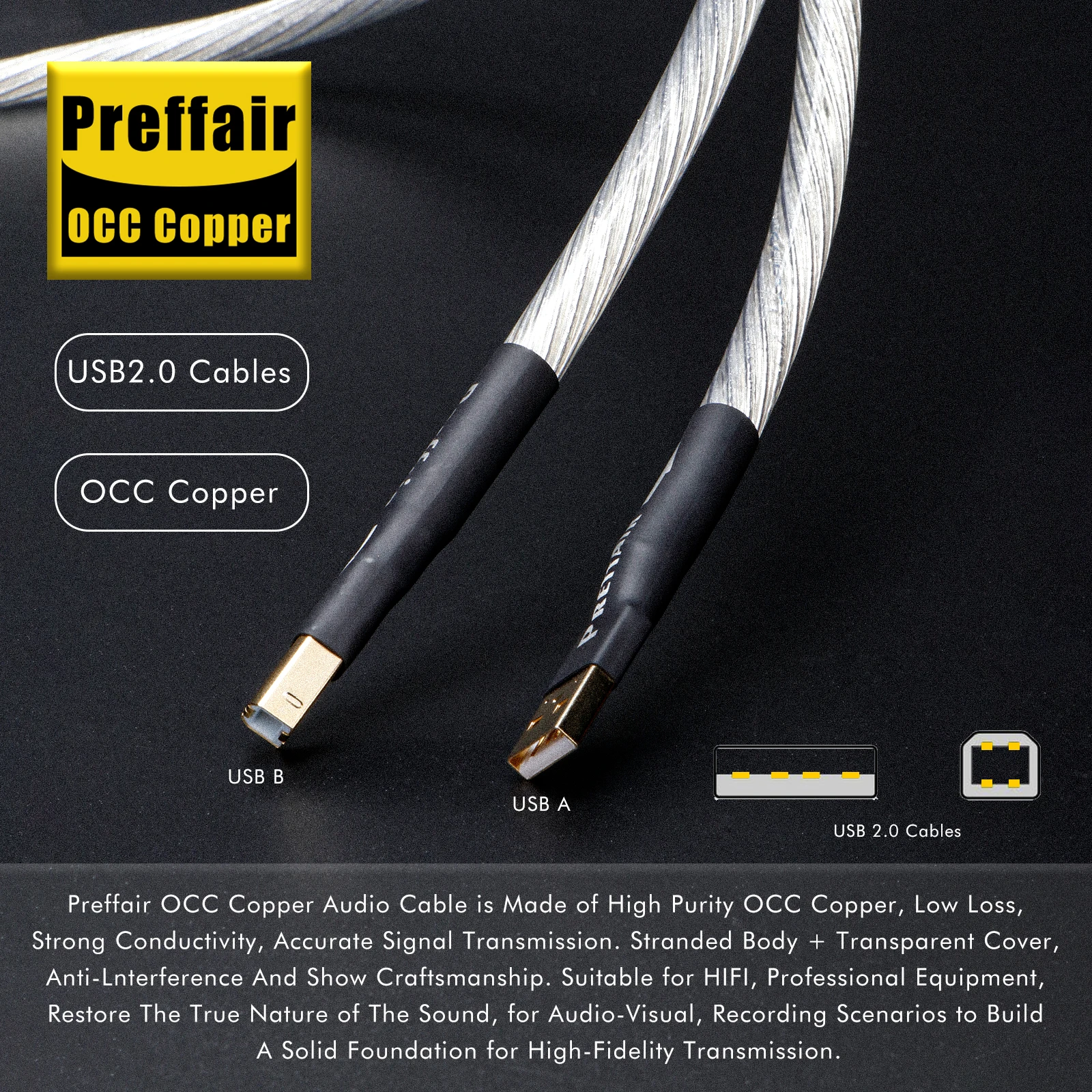 Preffair X428 OCC Silver Plated USB Cable Decoder HiFi USB (A - B) Wires DAC Data Cable Audio USB Lines