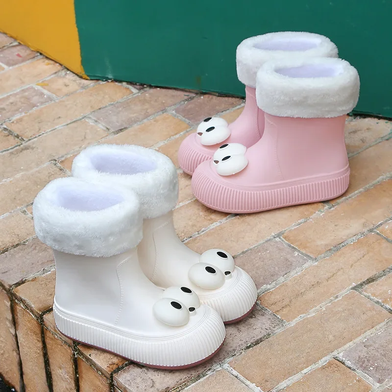 Autumn and Winter Velvet Women's Outer Wear Water Shoes Non-slip Waterproof Velvet Medium Tube Parent-child Rain Boots