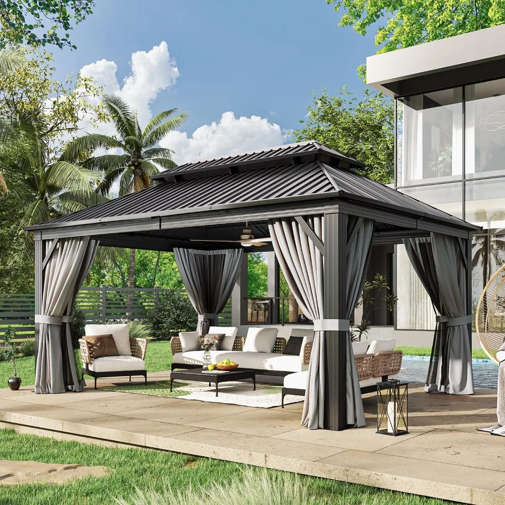 12' X 16' Hardtop Gazebo with Mosquito Netting and Curtains,Outdoor Gazebos with Double Roof,Galvanized Steel Permanent Aluminum