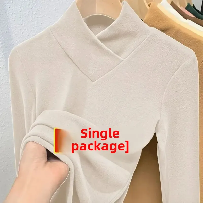 المرأة سليم تي شيرت بأكمام طويلة على الوجهين صوف مبطن دافئ نصف عالية طوق قاعدة قميص ملابس داخلية لخريف شتاء #2