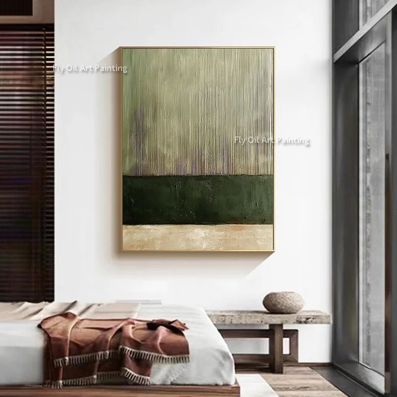 Handmade New Simple Fashional Design Artwork Green Beige Abstract Wall Art On Canvas Brown Beige Oil Painting For Room Decor