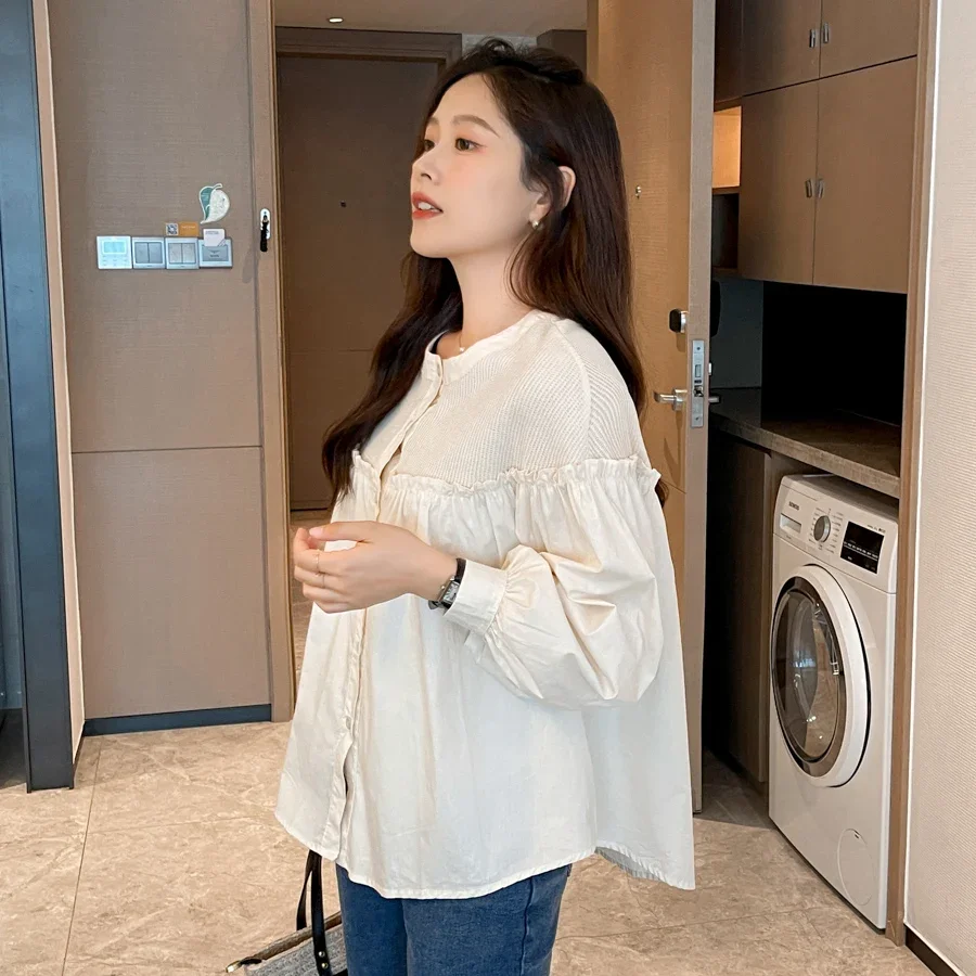 

2024 Autumn Maternity Shirts Korean Style Long Sleeve Ruffles Patchwork Pleated Blouses Fashion Pregnant Woman Loose Tops Casual