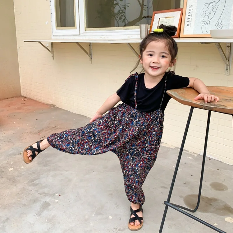 Summer Baby Girls Cotton Black Tee Top+All-Over Floral Print Lace Up Jumpsuit Kids Slip Bodysuit 2PCS Set Children Outfit