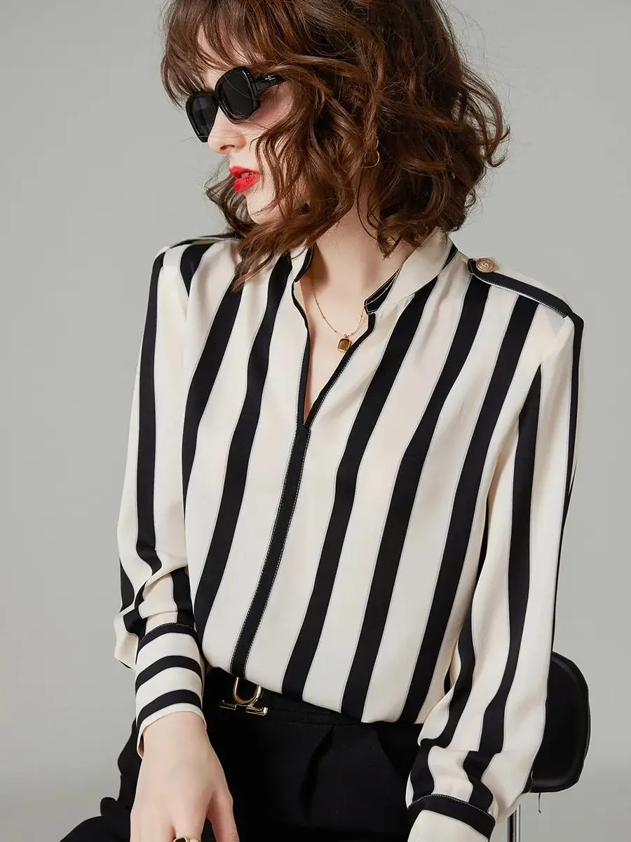 LOUIS YAO Women Shirt 2023 Autumn Office Lady Long Sleeve V Neck Stripe Blouse Breathable Women Tops