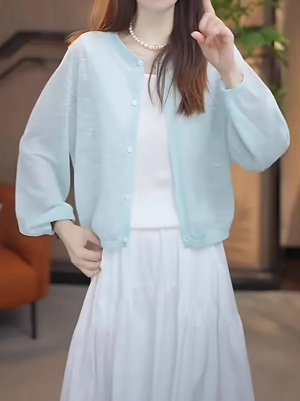 

Blue Summer Lightweight Knitted Cardigan Women's plus Size Faionable Versatile Anti-UV Slimming Top Korean Sle Loose Fit