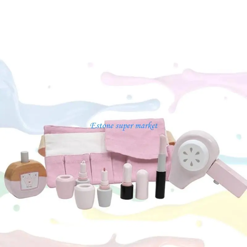 

090B Pretend for Play Cosmetic Beauty Wooden Makeup Set with Transparent Bag for Girl