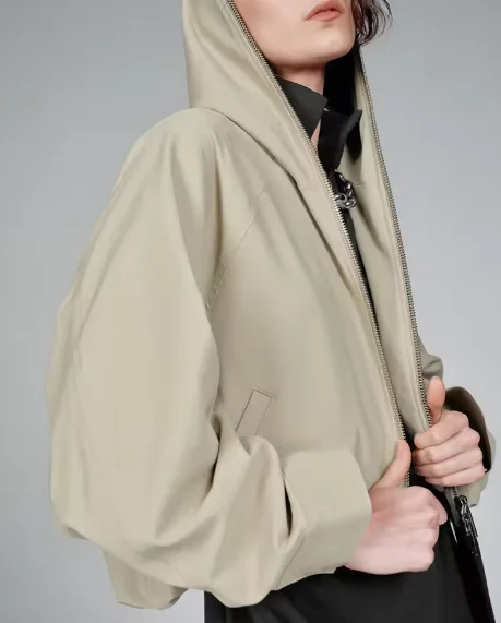 

Full Zip Hooded Cropped Jacket Drawstring Ruched Hem Raglan Long Sleeve Khaki Loose Casual Lightweight Women Outerwear 20260602