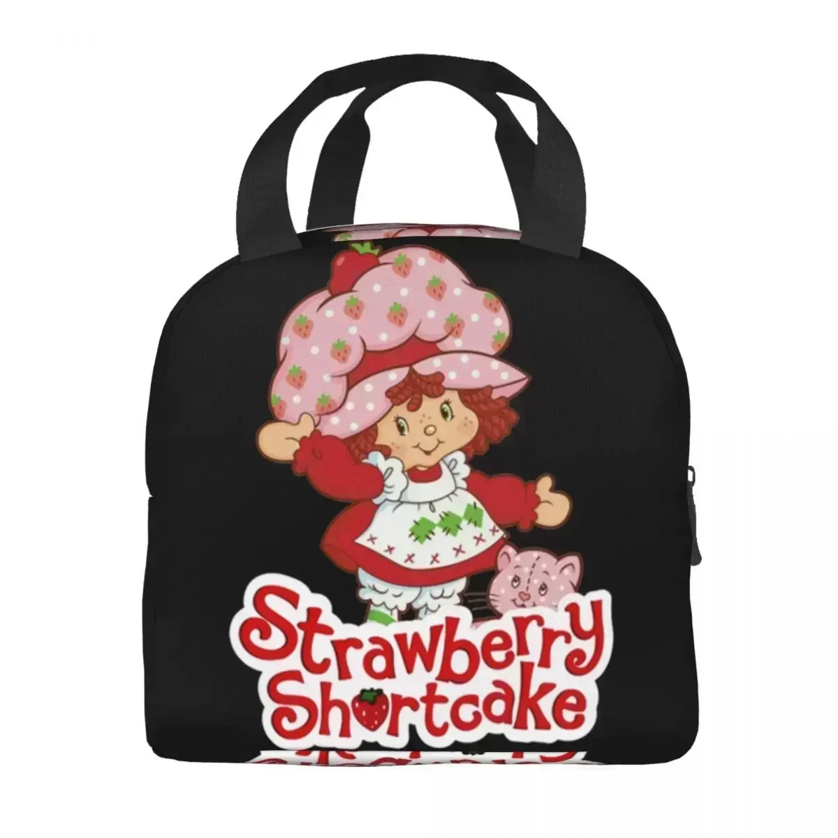 Strawberry Shortcake And Cat Thermal Insulated Lunch Bags Women Resuable Lunch Tote for Outdoor Camping Travel Storage Food Box