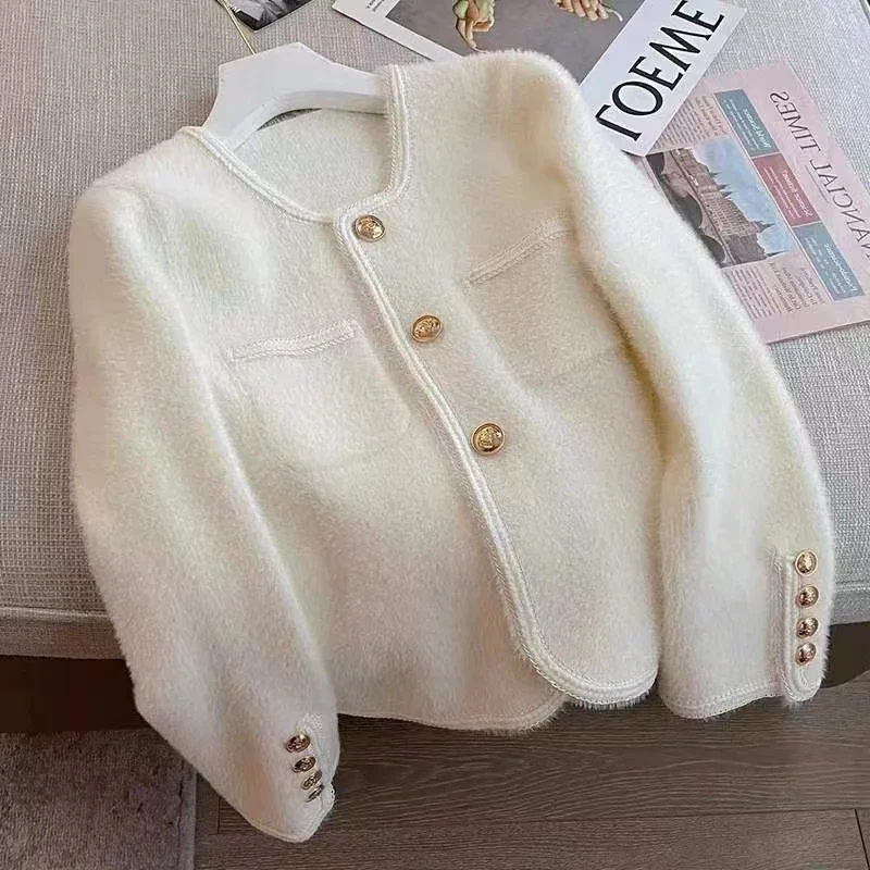 Mink Velvet Knitted Cardigan French Golden Buttons White Sweater Women Warm Soft Autumn Winter Coat Loose Elegant Tops