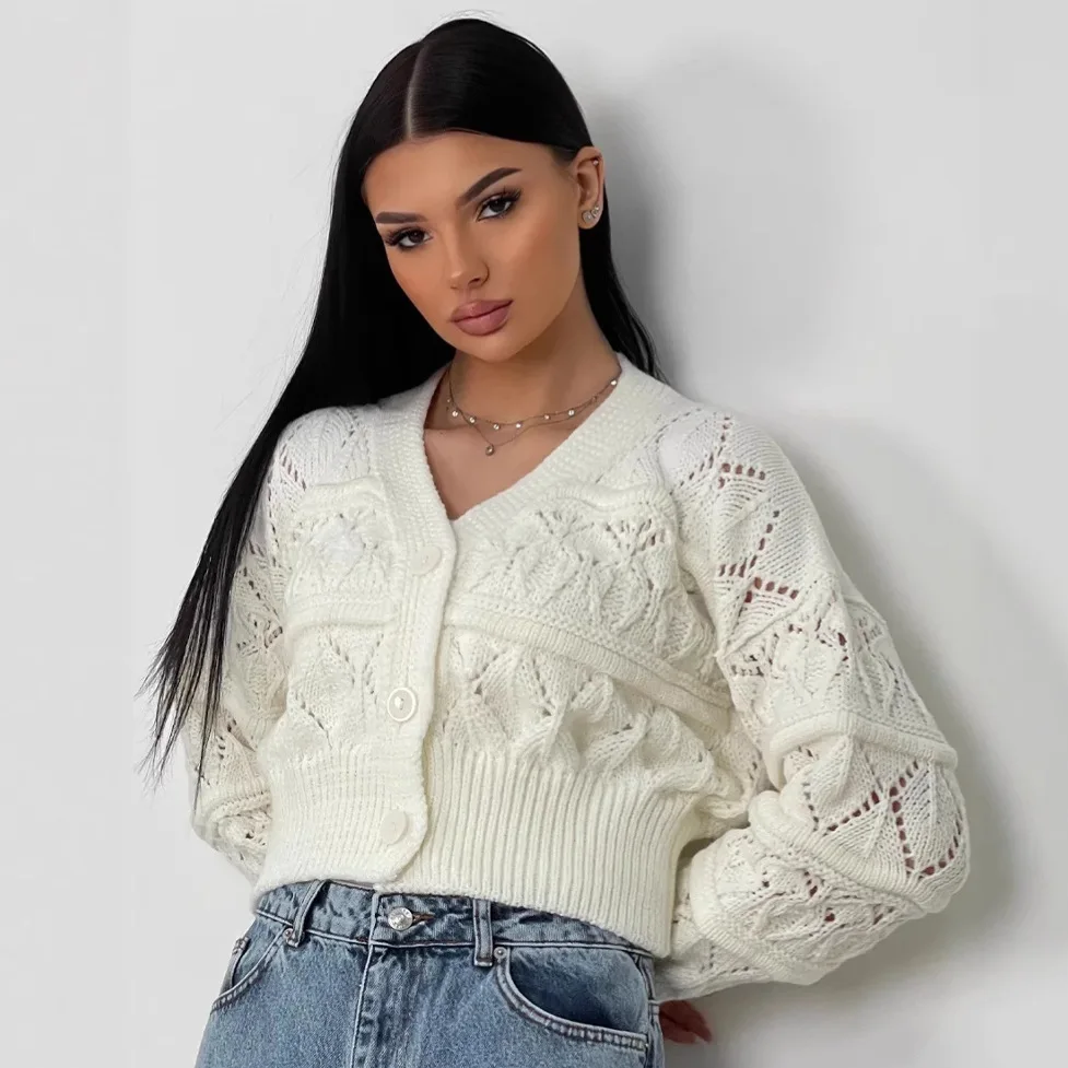

2026 New Autumn Women V-neck Knitwears LongSleeve Knitted Sweaters Hollow Out EmbroiderySingle Breasted Short Cardigans Tops
