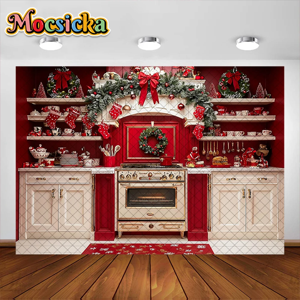 Christmas Kitchen Photography Background Xmas Wreath Cabinet Decoration Supplies Children's Holiday Photo Backdrops Studio Props