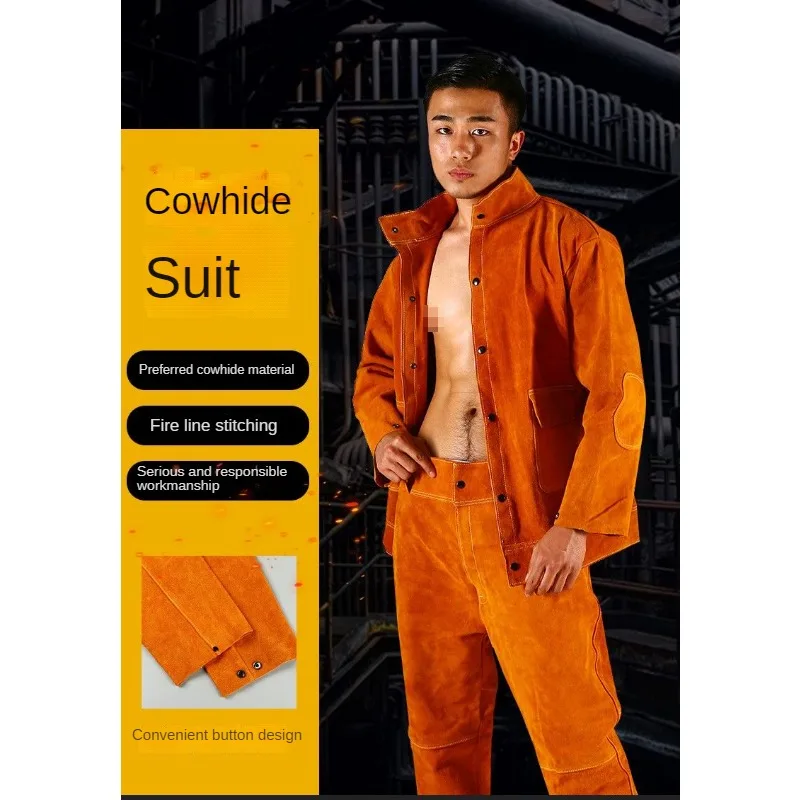 Cowhide Electric Welding Apron Welder Protective Clothing Flame Retardant Anti Scalding Welding Work Safety Suit Set Top & Pants