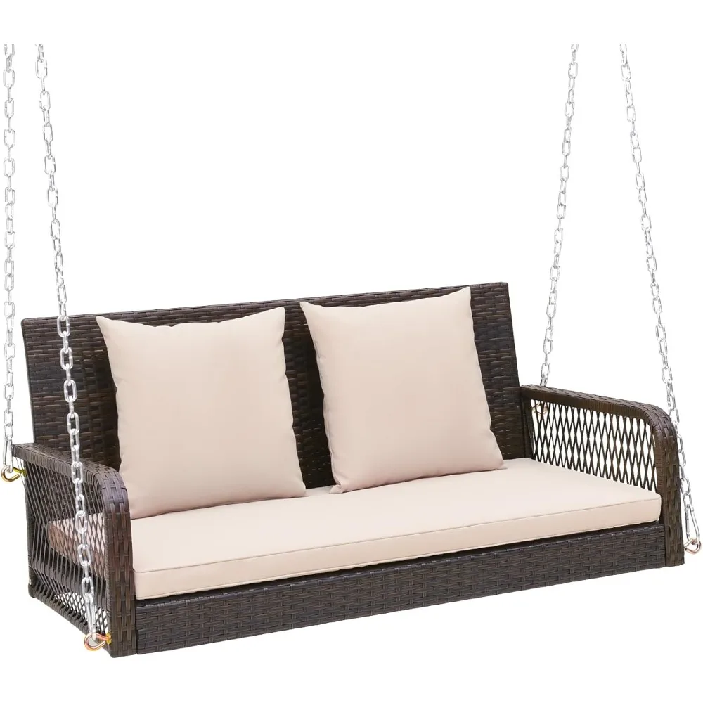 

Wicker Outdoor Porch Swing, 800 LBS Capacity Outdoor Swing Bench with Hanging Chains, Back and Seat Cushions, 2-Seater Hanging