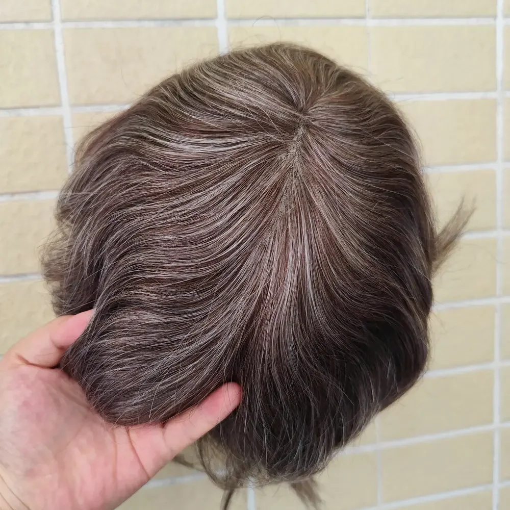 Men Toupee 7x10" Brown With 40% Gray Hair System For Men Toupee Soft Silicon Lace Front Wig