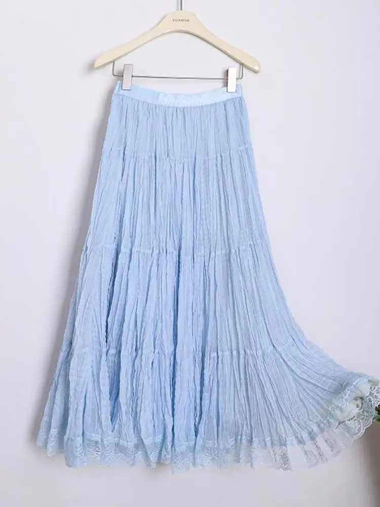 

Spring Summer French Vintage Solid Patchwork Lace High Waisted Party Long Skirt Women Versatile Pleated Skirt Streetwear Popular